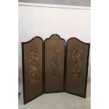 A MAHOGANY FRAMED THREE FOLD SCREEN,