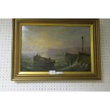 ENGLISH SCHOOL Rowing boat with figures in a coastal inlet Unsigned 30cm x 45cm