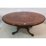 A 19th CENTURY BURR WALNUT AND MARQUETRY INLAID OVAL TOP TABLE,