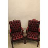 A PAIR OF GEORGIAN DESIGN HIDE UPHOLSTERED AND MAHOGANY LIBRARY CHAIRS,