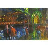 MICHAEL O'NEILL Moonlight Riverscape with Figures and Swans Oil on board Signed lower right,