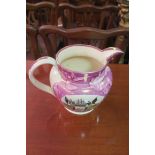 A 19th CENTURY PINK AND WHITE LUSTREWARE JUG, inscribed Mariner's Arms and a Poem to a Friend,