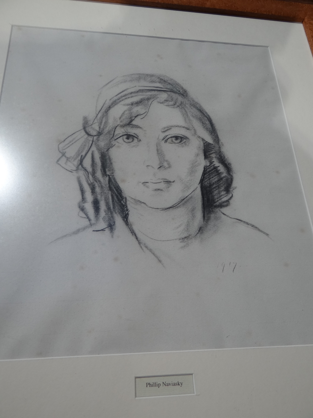 In the style of Phillip Naviasky, Portrait of a girl wearing a scarf, Charcoal monochrome, Dated - Image 2 of 2