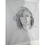 In the style of Phillip Naviasky, Portrait of a girl wearing a scarf, Charcoal monochrome, Dated