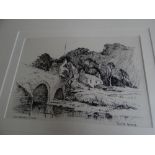 David Byrne, two ink sketches, 1) Old Bridge, Laxey, 2) Crammag, together with print of Kirk Christ,