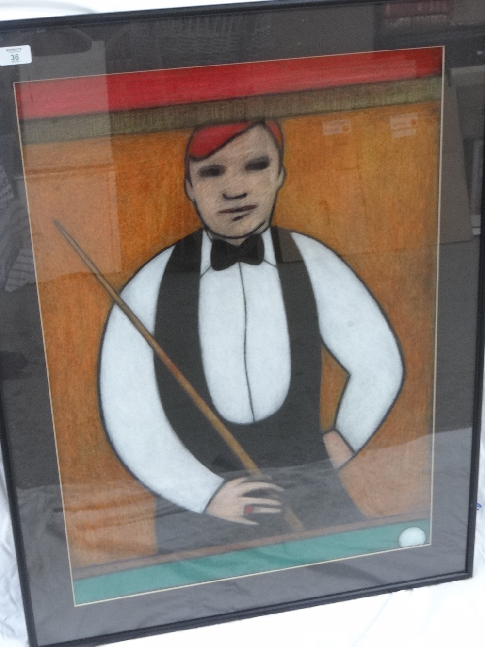 Paul Niszczak, Snooker player, mixed media, see label verso, Signed dated '86, 31 x 22 ins.. - Image 2 of 3