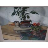 Hew Purchas, Still life with decoy duck, Oil on canvas, Signed and dated '91, 18 x 24 ins..