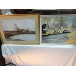 Eric Spencer, 1) Double bridge over a river, 2) Farmhouse by a pond, Watercolours, 17 x 22 largest