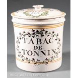 Antique French Faïence Tobacco Jar, late 18th/early 19th c., labeled "TABAC FIN" and "TABAC DE