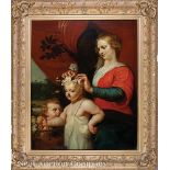 School of Titian (Italian, 1490-1576), "Madonna, Christ and St. John the Baptist", oil on canvas,