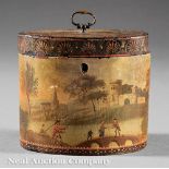 Very Fine George III Polychrome Painted Tea Caddy, c. 1800, encircled by scenes of fishing, h. 4 1/2