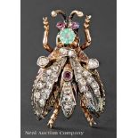 Antique Silver Top, Gold Back Bee/Wasp Brooch, set with rose cut diamonds, rubies, emerald and