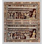 Pair of Egyptianesque Inlaid Plaques, depicting pharaohs, gods and hieroglyphics, h. 30 in., w. 53