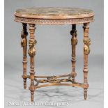 French Bronze-Mounted Carved Walnut Gueridon, circular marble veneered top, guilloche frieze, fluted