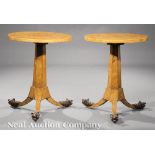 Pair of Biedermeier Karelian Birch Occasional Tables, 19th c., possibly Russian, circular top,