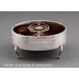 Continental Silverplate and Tortoiseshell Footed Dresser Box, 19th c., inlaid lid, padded