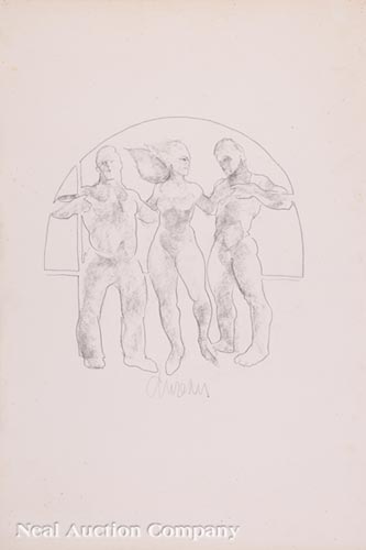 George Valentine Dureau (American/New Orleans, 1930-1914), "Three Figures", graphite on paper,