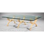 Egyptianesque Parcel Gilt, Polychromed Carved Wood and Iron Coffee Table, glass top, resting on