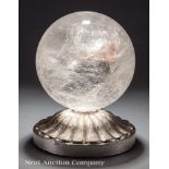 Fine Large Rock Crystal Sphere, carved and silver-leafed base, overall h. 11 1/4 in