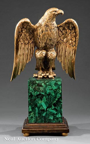 Continental Gilt Bronze Figure of a Spreadwing Eagle, 20th c., on tall malachite base, h. 22 in., w.