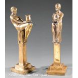 Pair of Art Deco Bronze Figural Candleholders, early 19th c., stepped base, retains traces of