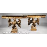 Pair of English Carved Giltwood Figural Consoles, 20th c., shaped faux marbre top, Vitruvian