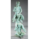 Verdigris Patinated Bronze Figural Fountain, modeled as three youths straddling one another,