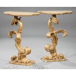 Pair of Italian Rococo Carved Giltwood Pedestal Tables, 19th c., asymmetrical faux marbre tops,