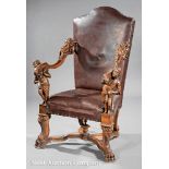 Baroque-Style Carved Walnut Armchair, late 18th/early 19th c., serpentine crest rail, putto-carved