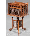 Antique Syrian Carved Hardwood Canterbury, late 19th c., bobbin-turned uprights, swivel top,