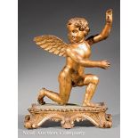 Italian Carved Giltwood Cherub, 19th c., kneeling on cartouche-form base, scrolled feet, h. 20