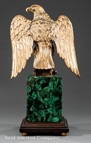 Continental Gilt Bronze Figure of a Spreadwing Eagle, 20th c., on tall malachite base, h. 22 in., w. - Image 4 of 5