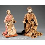Two Italian Wax Crèche Figures, late 18th/19th c., wax head and hands, wood bases, tallest h. 16 1/4