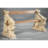 Italian Terracotta Figural Bench, paired sphinx ends on molded bases, associated wood slat back