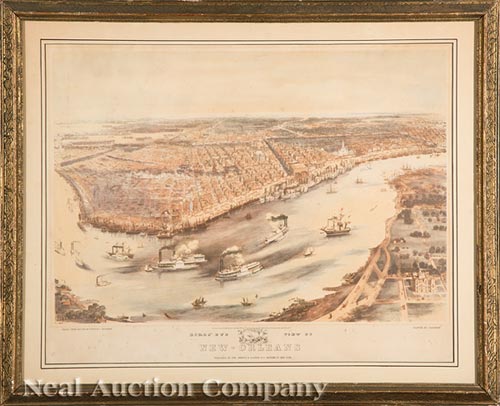 Two Decorative New Orleans Prints, 20th c., color reproduction of Bachman's "Bird's Eye View of