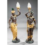 Large Pair of Moorish Patinated Bronze and Parcel Gilt Figural Torchères, 20th c., figures holding