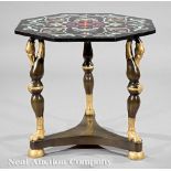 Italian Pietra Dura and Patinated Gilt Bronze Table, octagonal floral inlaid top, swan's neck