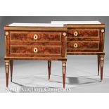 Pair of Continental Neoclassical-Style Bronze-Mounted Mahogany Petite Commodes, inset marble tops,