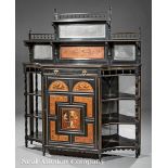 English Aesthetic Carved, Gilt-Incised, Painted and Ebonized Parlor Cabinet, late 19th c.,