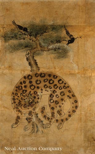 Korean School, 19th/20th c., "Tiger with Magpies and Pine", ink and color on paper, sight 28 1/4 in.