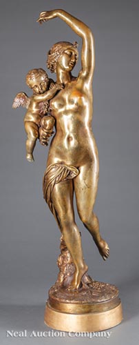 Large Bronze Figural Group of a Maiden and Cherub, after Jacques Jaquet, signature inscribed on