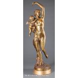 Large Bronze Figural Group of a Maiden and Cherub, after Jacques Jaquet, signature inscribed on