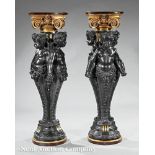 Fine Pair of Baroque-Style Patinated and Gilt Bronze Pedestals, incurvate mahogany tops, addorsed