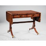 Antique Regency-Style Inlaid Mahogany Sofa Table, 19th c., crossbanded drop-leaf top, two frieze