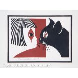 Kiyoshi Saito (Japanese, 1907-1997), "Girl and Cat in Red, White and Black", woodblock print,