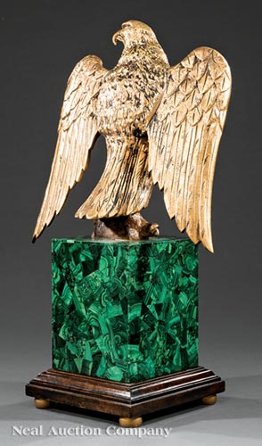 Continental Gilt Bronze Figure of a Spreadwing Eagle, 20th c., on tall malachite base, h. 22 in., w. - Image 3 of 5