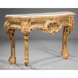 Italian Carved Giltwood Console, 19th c., molded marble top, conforming base with fretwork frieze