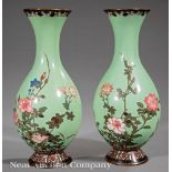 Pair of Antique Japanese Cloisonné Vases, decorated with cranes amid flowers, h. 9 3/4 in