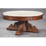 American Renaissance Carved Rosewood Low Table, mid-19th c., Carrara marble top, strapwork carved