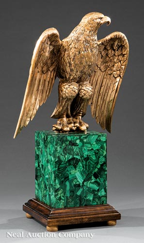 Continental Gilt Bronze Figure of a Spreadwing Eagle, 20th c., on tall malachite base, h. 22 in., w. - Image 2 of 5